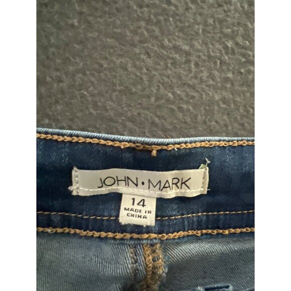 John Mark Raw Hem Crop Jeans Size 14 High Rise Stretch Blue Distressed Denim - Picture 3 of 14